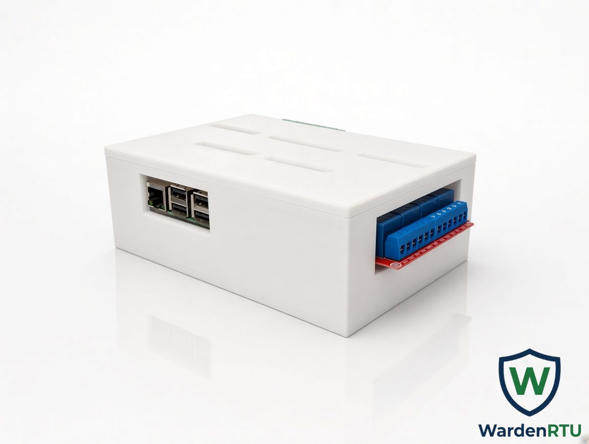 WardenRTU unit: compact white enclosure with Ethernet and USB ports on one end and relay screw terminals on the other