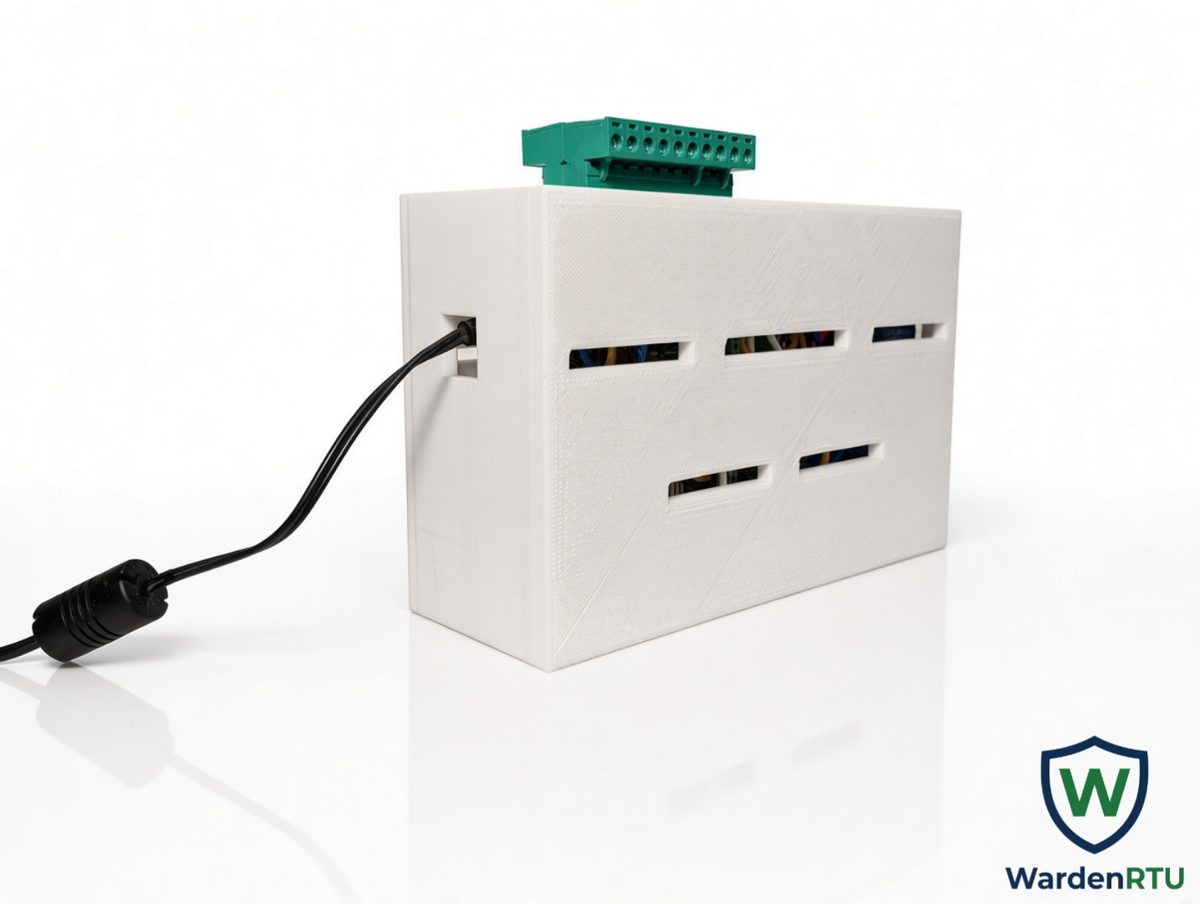 Side view of the WardenRTU enclosure with a green plug-in terminal block on top and the power cable entering the side