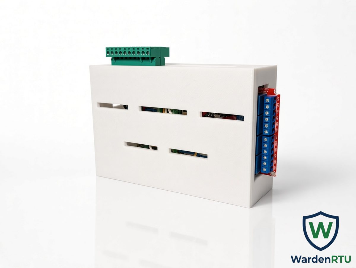 Side view of the WardenRTU enclosure showing the blue relay output screw terminals on the end